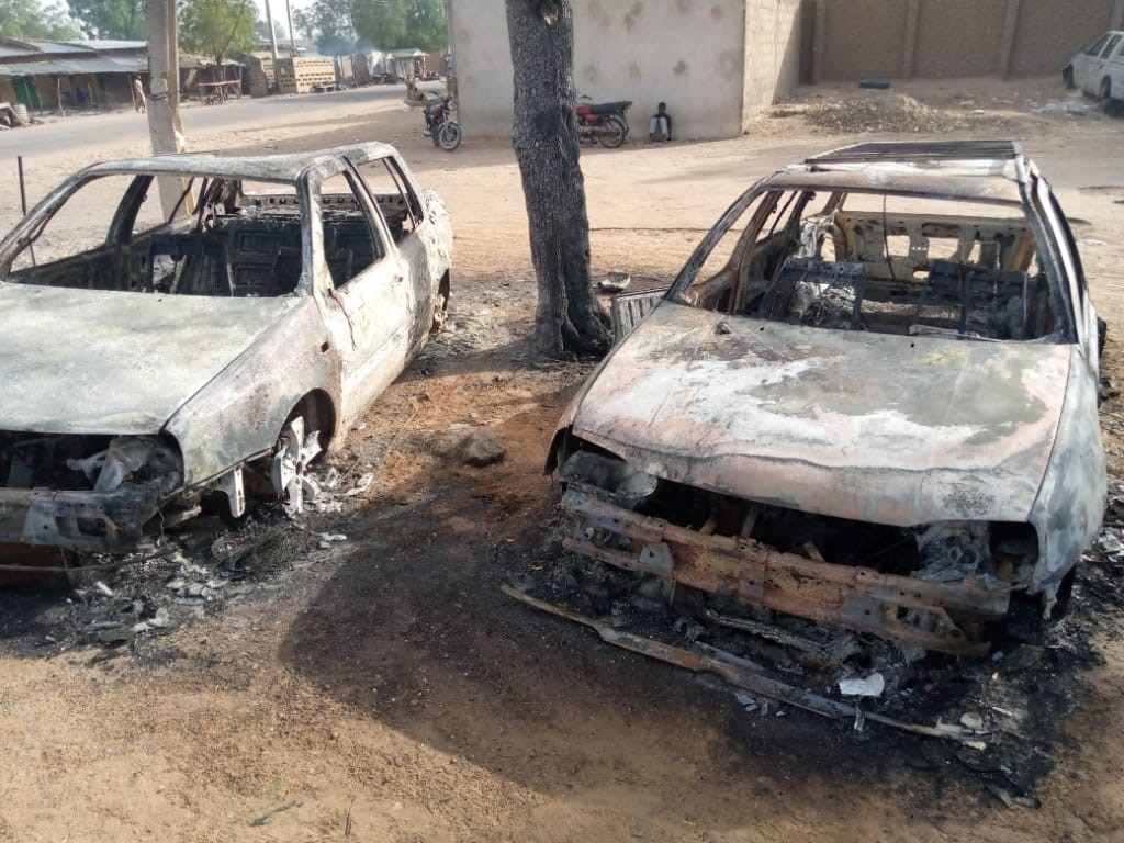 Burnt vehicles in Jaja town in Zamfara State after Nigerian Army went berserk