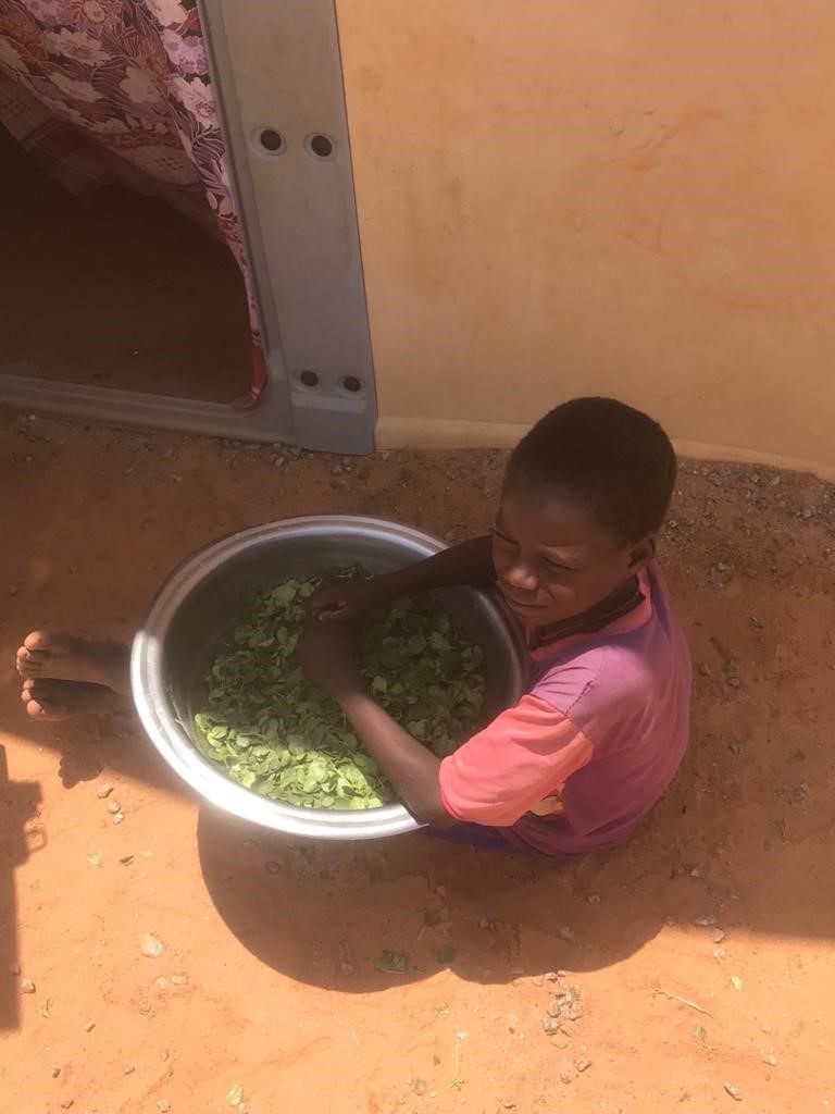 Nigerian child refugee with a bowl of vegetables in Maradi, Niger Republic
