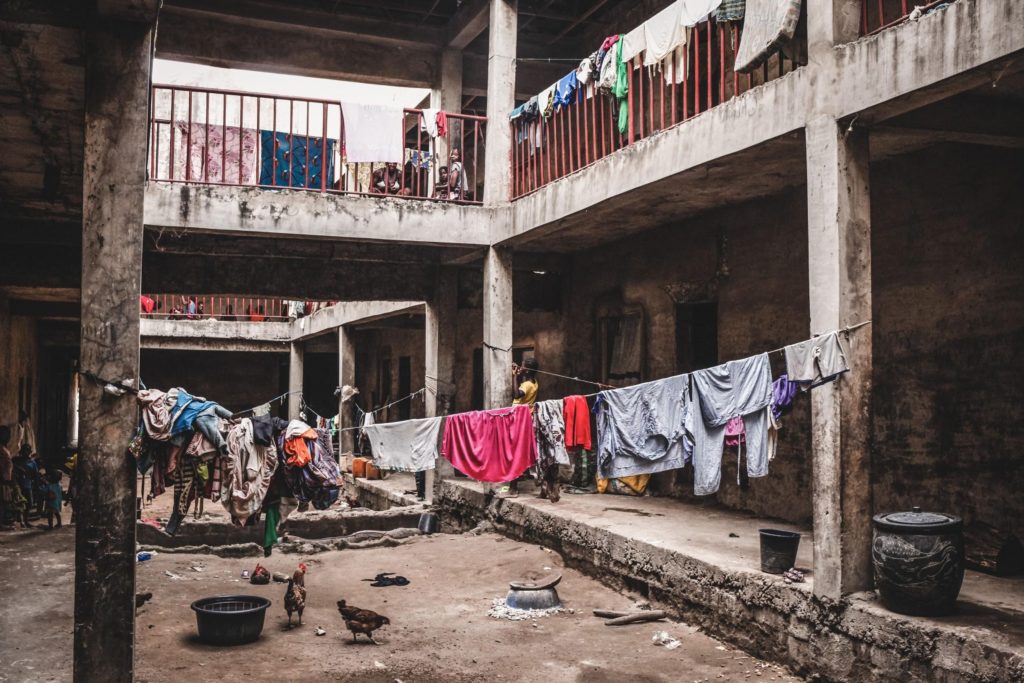 The centre of a building where people live in Abagana IDP camp. Washing is hung out to dry during the day. Photo: MSF Nigeria