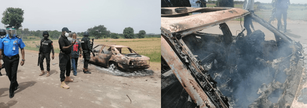 Vehicles set ablaze on June 11 during the violent protest that followed Yusuf Magaji’s apparent murder. [Source: community]
