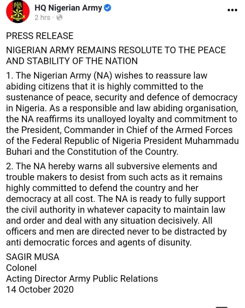 Nigerian Army Reaffirms Loyalty To Buhari, As Protest Continues