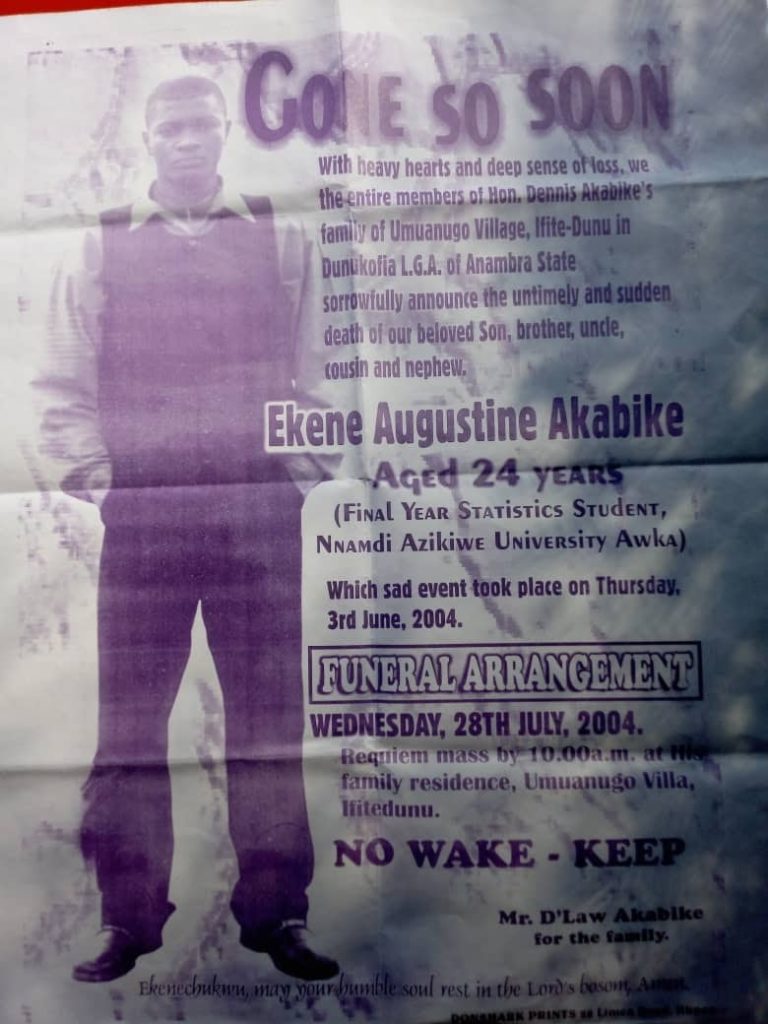 Burial poster of Late Ekene Akabuike