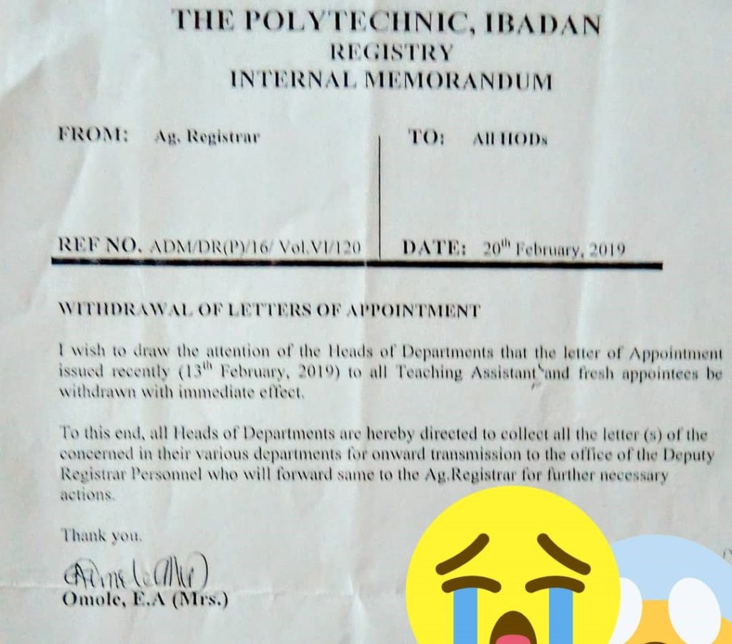 Withdrawal notice sent to Heads of Department on February 20, 2019. Picture was circulated via WhatsApp with a crying emoji and another expressing shock.