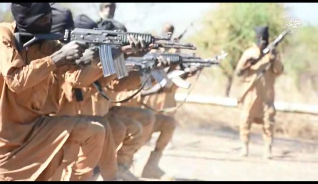 Insurgents kneeling with their rifles 
